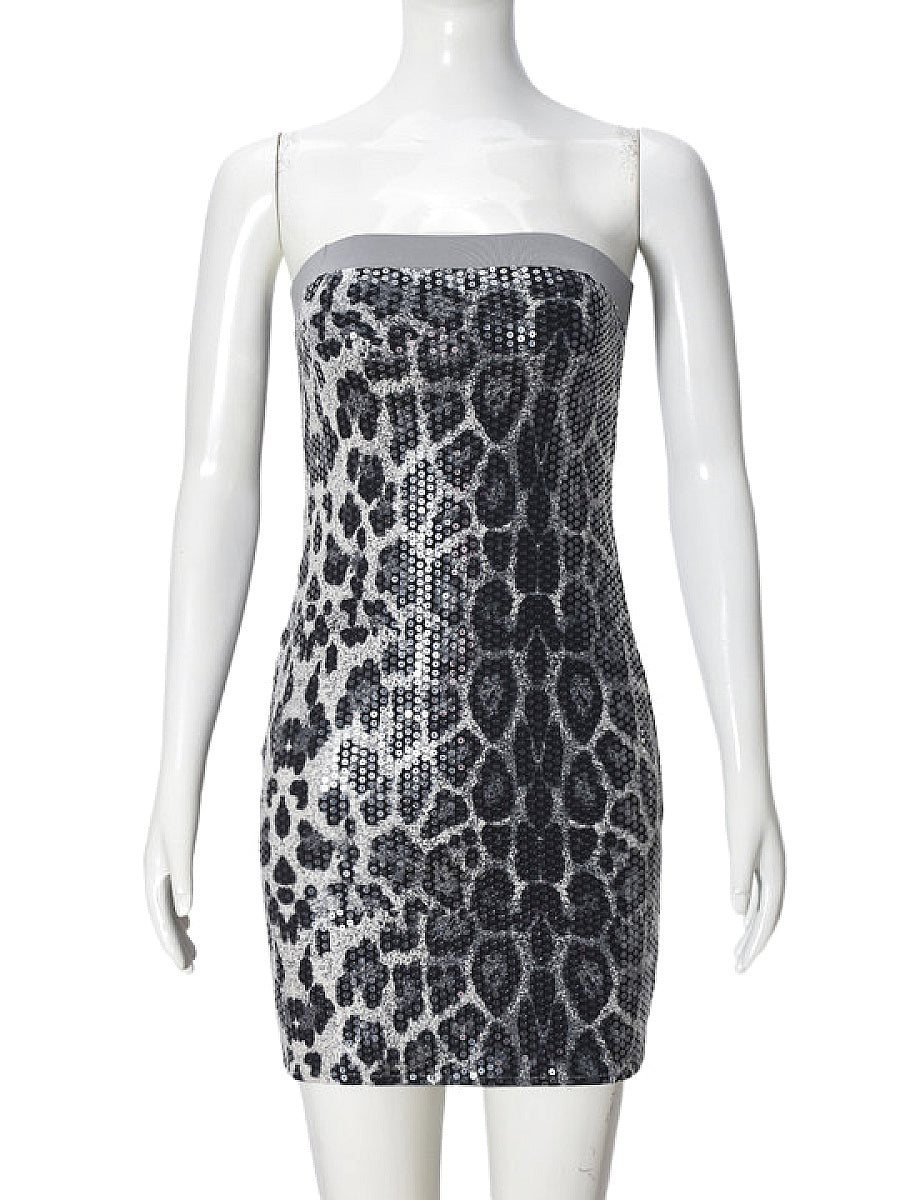 Color Block Sequin Leopard Print Strapless Dress